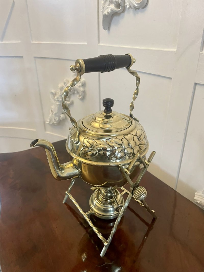 Antique Victorian Quality Brass Spirit Kettle on Stand - Image 3